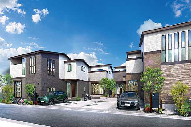 【街並み昼景パース】石目調のアクセントを纏い、重厚感と品格が漂うフォルムが目を惹く外観。
窓のデザインがその表情に気高さを添えて、瑞々しい植栽と美しく調和しています。