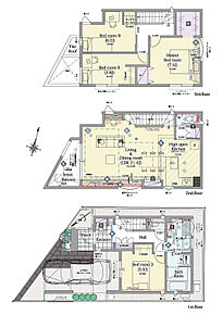 4LDK+ウォークインクロゼット+シューズクローク+パントリー

■敷地面積：72.90m2(22.05坪)
■建物面積：134.63m2(40.20坪)
■１階面積：48.02m2(14.50坪)
※車庫除く：32.50m2(9.81坪)
■２階面積：44.02m2(12.85坪)
■３階面積：42.59m2(12.85坪) 