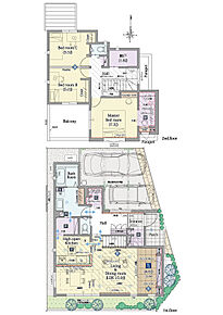 3LDK+シアターラウンジ+ウォークインクロゼット+ファミリークロゼット+シューズクローク+パントリー

■敷地面積：110.74m2(33.49坪)
■建物面積：106.09m2(31.80坪)
■１階面積：58.38m2(17.62坪)
■２階面積：47.71m2(14.18坪)
 