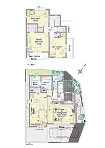 3LDK+ウォークインクロゼット+パントリー+シューズクローク

■敷地面積：105.10m2(31.79坪)
■建物面積：97.19m2(28.21坪)
■１階面積：52.06m2(15.59坪)
■２階面積：45.13m2(12.62坪) 