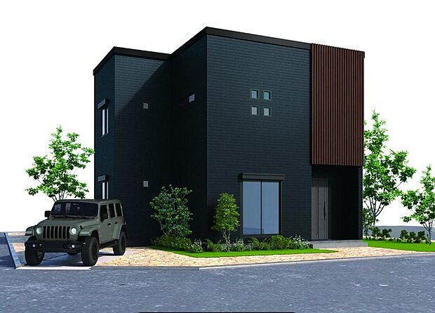 【【外観パース/イル・クーボ】】洗練された雰囲気を醸し出す、キューブ型のスタイリッシュな外観です。バルコニーに設けられた木調のアルミルーバーが、全体のアクセントになっています。