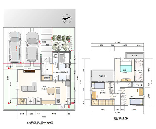 【間取図】3面採光のLDKは対面キッチン×リビング階段仕様。パントリーや2箇所のリビング収納を備え、洗面脱衣室は玄関~キッチンへの動線上に。土間収納やなど収納充実!バルコニーは屋根付きです。