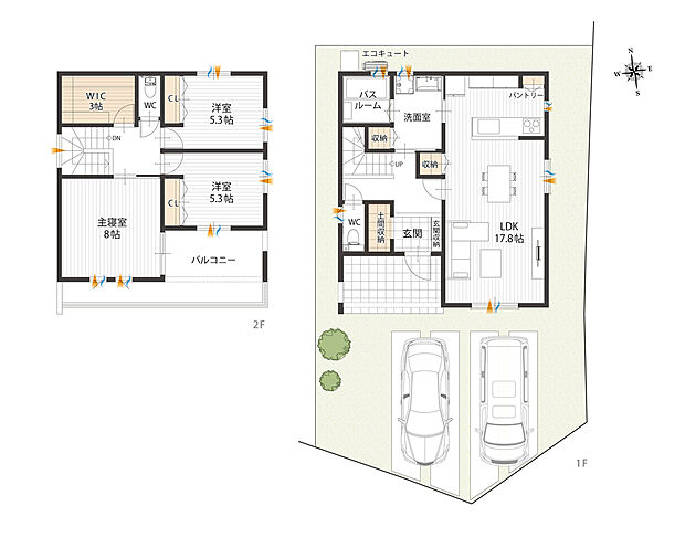 【3LDK 】◎玄関には玄関収納、土間収納を向かい合わせに配置。靴だけでなくベビーカーなどもキレイに収まります。
◎洗面室はホール、LDKからの2WAY。キッチンからアプロ―チしやすく、帰宅時はリビングや2階へ向かう前に手洗いを済ませることができます。
◎LDKは約17.8帖。対面キッチンから視界が広がるI型です。
◎2階約3帖WICはホールから直接出入りができ、ご家族皆さまでお使いいただけます。
◎主寝室は約8帖。ベッドを置いてもゆったりとしています。
◎バルコニーは南向き×採光面が広い横長形状です。