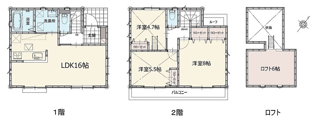 ゆとりの間取り3LDK。LDKは16帖と広々。ダイニングとリビングの使い分けもできる広さがあります。キッチンの隣に洗面所とバスルームを位置することで、家事動線が楽に。