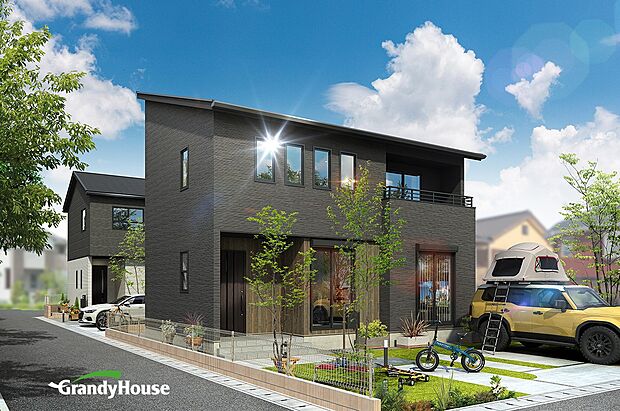 ブラックサッシが映えるモダン邸宅。2台分のカースペースに加え、3台目も有償で増設可能。周辺に大小の公園が点在し、緑に寄り添う暮らしが叶います。