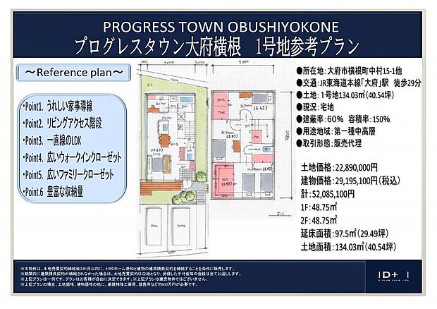 【1号地 参考プラン】 コンパクトな水回りの配置で、日々の家事が快適になる間取りを採用。 ウォークインクローゼットなど豊富な収納を備えています。キッチンからリビングまで一直線のプランです。