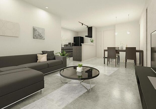 【内観パース】白を基調とした明るく開放的なリビング空間。ダイニングまでつながる一体感が、ゆとりある暮らしを感じさせます。