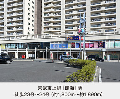 東武東上線「鶴瀬」駅 現地から1800m～1890m。(徒歩23分～24分。)