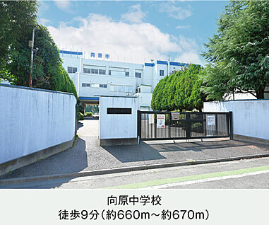 向原中学校 現地から660m～670m。(徒歩9分。(最長))