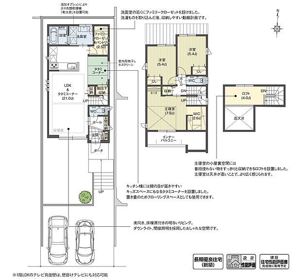 【3LDK】1階の洗面室に隣接したファミリークローゼットが特徴的な間取りです。浴室乾燥機などで乾かした洗濯物をそのまま収納できるため、家事の負担を軽減できます。また主寝室には、普段使わない物をすっきりと収納できるロフトを計画しました。

※設計性能評価取得済