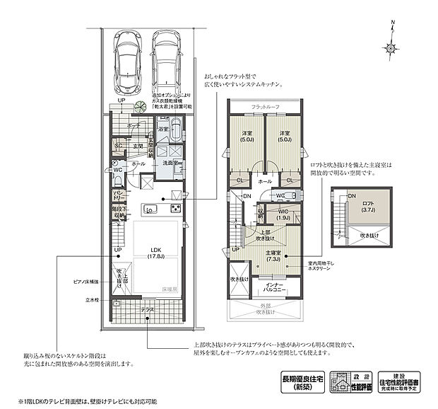 【3LDK】壁に囲まれたプライベートなテラス空間によって、カーテンレスで開放的な暮らしを楽しめます。また主寝室から繋がるロフト空間は、季節物の収納や趣味の空間など多目的に利用可能。IoT住宅に対応可能な物件のため、スマートで快適な暮らしを実現できます。
※設計性能評価取得済
※Life Assist2 (IoTホーム対応)