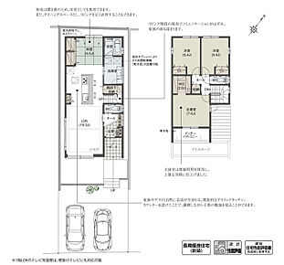 カフェのようなカウンターキッチンを住まいの中心に計画しました。家族や友人とコミュニケーションを楽しんだり、子どもの勉強スペースとして活用するなど、多用途に使える空間となっています。

※セットバック要 4.33m2
※設計性能評価取得済 