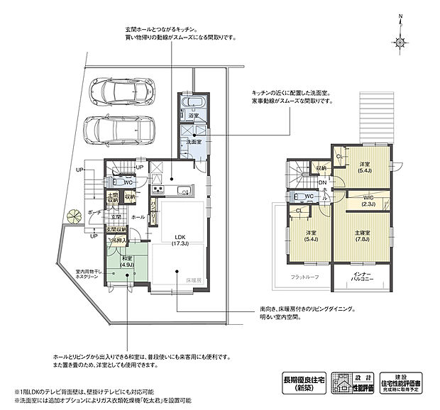 【4LDK】1階ホールからの出入り口をリビングとキッチンの2ヶ所に設けることで、買い物帰りの動線がスムーズになるように計画した間取りです。キッチン近くに洗面室を配置するなど、家事動線にも配慮しました。
※設計性能評価取得済
