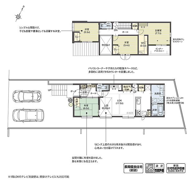 【4LDK】LDKに吹き抜けを計画し、心地よい光が入り込む明るい空間を演出しました。またリビングの一角には、多目的に使用できるスタディコーナーを設置。家族団らんの時間がより楽しめる充実したLDKとなっています。

※設計性能評価取得済
