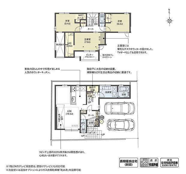 【3LDK】リビングに計画した吹き抜けが開放感と光をLDKにもたらし、間接照明によって印象的な空間を演出しました。また主寝室や洋室には収納量の多いウォークインクローゼットを計画するなど、生活にも便利な間取りです。
※設計性能評価取得済