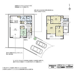 玄関ホールに吹き抜けを設け、上部から光が降り注ぐ明るく高級感のある空間を演出。また玄関入って正面には階段を配置し、吹き抜けと一体的に計画することで、奥行感と更なる開放感をつくり出しました。

※設計性能評価取得済 