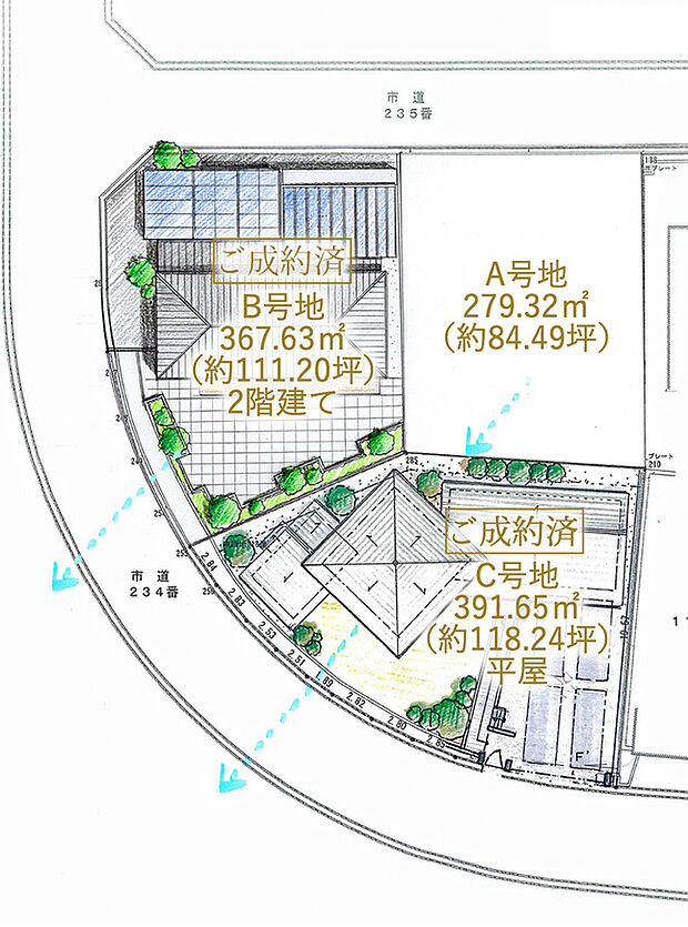 全体区画図
約84.49坪の建築条件付き宅地です。南西側には平家建てが建っているので現地から生駒山を一望できます。B号地の南庭ごしでも生駒山を望む事ができます。
