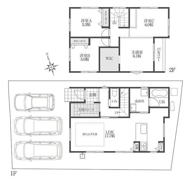 【間取図】４LDK + ２S
＋ 玄関クローク
＋ ウォークインクローゼット
＋ 駐車場 ３台分