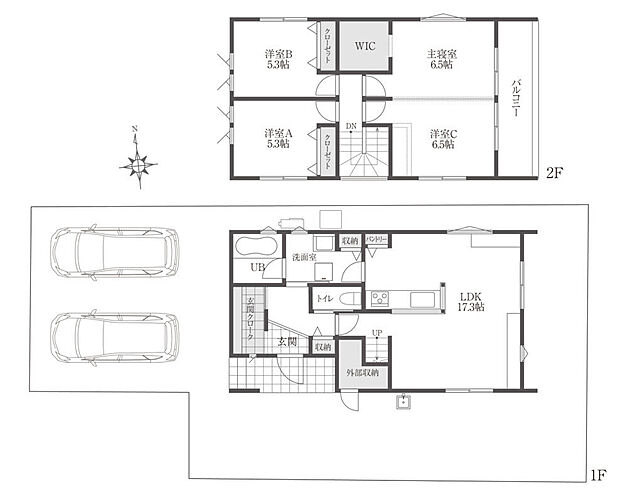 【間取図】駐車は並列２台。玄関には通り抜け可能なクロークを作りました。
玄関から洗面やお風呂が近いので外で遊んで汚れてもお風呂に直行できます♪