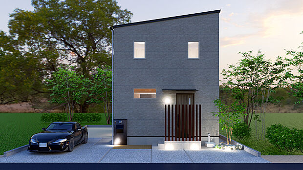 【【外観パース】】片流れ屋根を採用した、シンプルで飽きのこないデザイン。玄関ポーチに庇を設けており、雨の日でも慌てずに外出の準備をすることができます。