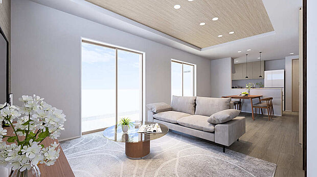 【【LDK/パース】】広さは約18.2帖。南西側に設けた窓から、暖かな自然光が差し込む、居心地の良い住空間です。LD部分はオープンフロアのため、幅広いレイアウトが楽しめます。