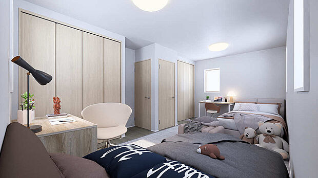 【【洋室A・B/パース】】ご家族の成長やライフスタイルの変化に応じて、将来的に壁で仕切ることができる2ドア1ルーム。各空間に収納を備えており、個々の私物を管理することができます。