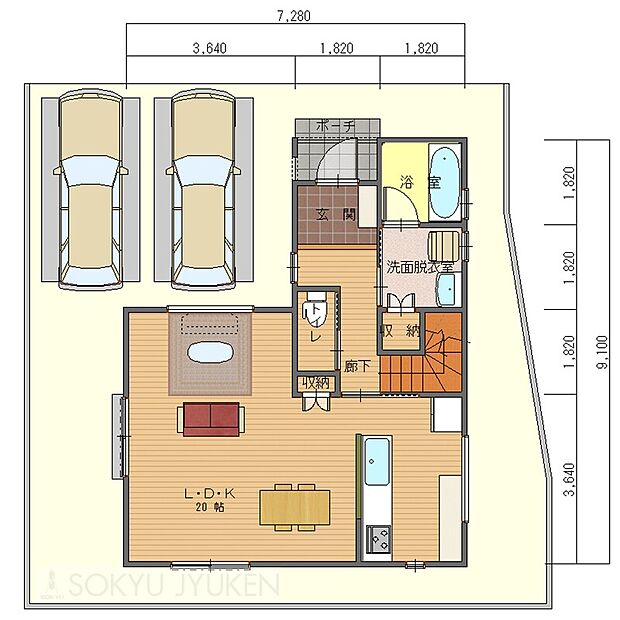 1F　平面図
敷地面積137.65m2（41.64坪）
建物面積104.33m2(31.55坪)