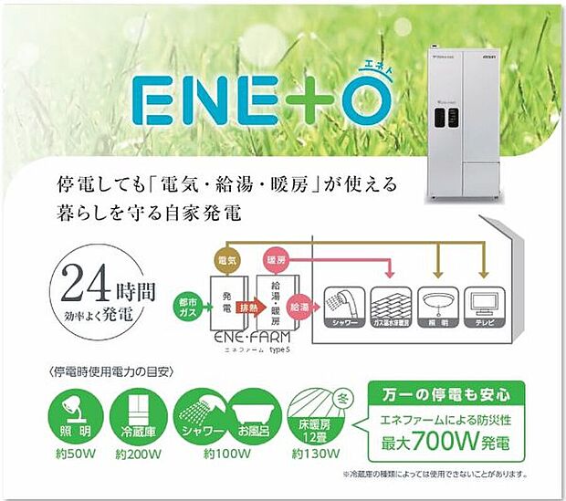 【ENETO 】ガス給湯器（バックアップ熱源機）の購入のみで、自分の家で電気をつくる「家庭用燃料電池エネファームtypeS」の燃料電池発電ユニット192-AS15型を無償で利用できるサービス。

災害などで停電になっても自立運転で発電を継続。照明やテレビ、お風呂やシャワーが使えます。断水時はタンク内のお湯（水）を生活水として使うこともできます。
※飲用用途にはご利用いただけません。