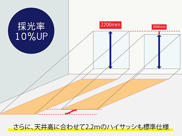 【2200ｍｍハイサッシ】一般的な高さの2000ミリの高さのサッシより、200ミリも背の高い2200ミリのサッシを採用しました。光の入り方が違います