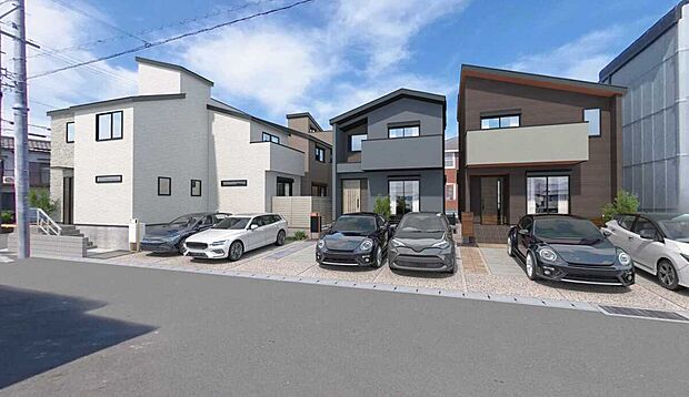 【完成予想外観】
統一感がありながらも、一邸一邸異なる個性を感じる、洗練された外観デザインです。是非、現地でご見学下さいませ。