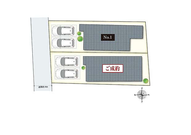 【全体区画図】
名鉄犬山線「西春」駅エリアの分譲地！敷地面積約44坪、約45坪の限定2区画です。大通りから入った穏やかな住環境で、伸びやかな暮らしを実現いただけます。