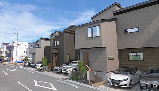 【【完成予想外観】 】豊かな自然を身近に感じられるロケーション。小・中学校まで徒歩8分圏内と、お子様が通学しやすい距離のため、子育て世帯に嬉しい立地です。