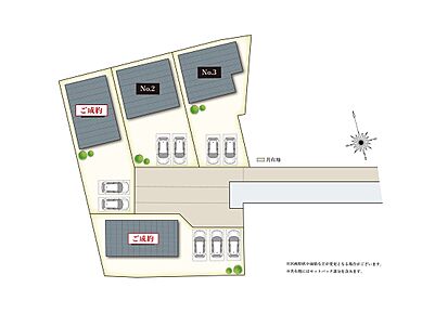暮らしやすさが魅力の妙興寺駅南エリアに、全4邸の新たな分譲地が誕生。各邸2～3台分のカースペースを確保(車種による)、ゆとりある配置計画です。 