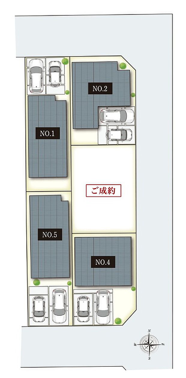 【-】敷地面積36坪超のゆったりとした街並み。全棟駐車スペース2台分を確保しています(車種制限有)。前面道路の幅員は約6.0m～8.0mあり、お子様と手を繋いでの歩行もしやすい環境です。