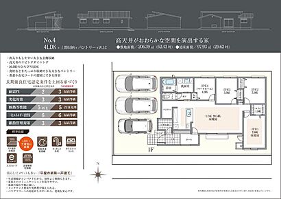 4LDK平屋プラン！高天井の開放感あふれる住まいです。ご家族が集うLDKはゆったり約20.5帖。LDKと各洋室、洗面室が隣接しており、コンパクトな生活動線を描きます。車3台、並列駐車可能です（車種による）。 