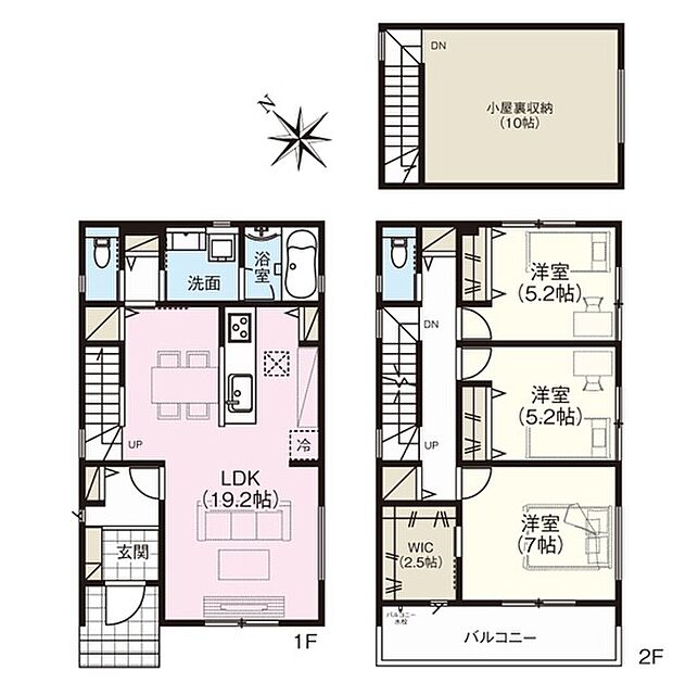 【3LDK+WIC+固定階段付小屋裏収納】LDKは広々とした約19.2帖。対面式キッチンを採用していますので、家事をしながら家族との会話が弾む空間です。※小屋裏面積：19.87m2