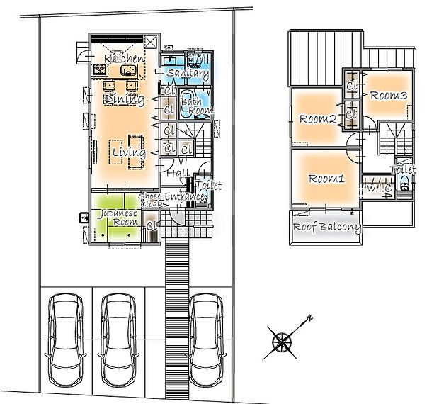 リビングには3箇所の収納スペースを確保し、すっきりとした空間を実現。隣接する和室を開放すれば、22.5畳の大空間として利用可能♪機能性とデザイン性を兼ね備えた快適な住空間です♪