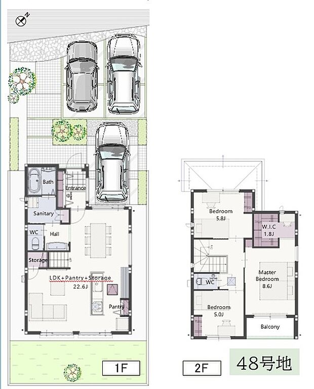 【3LDK】LDKにパントリーと収納を合わせ、22.6帖という圧倒的な広さを確保しています。家族が集まっても窮屈さを感じさせない開放的な空間です。キッチンを中心に回遊できるレイアウトで、パントリーも隣接しており、料理中の移動もスムーズです。