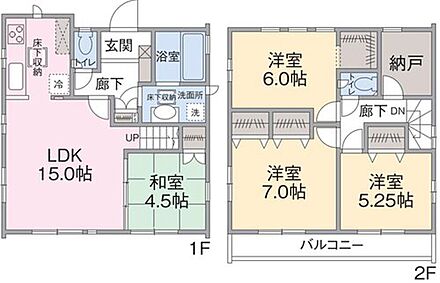 １F　LDK１５帖、和室４．５帖
２F　洋室５．２５帖、６帖、７帖、納戸、ウォークインクローゼット 