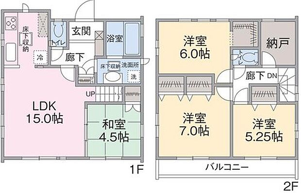 【4LDK+S】1F LDK15帖、和室4.5帖
2F 洋室5.25帖、6帖、7帖、納戸、ウォークインクローゼット