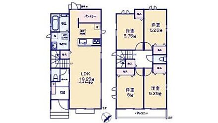 １F　LDK１９．２５帖　パントリー
２F　洋室５．２５帖、５．２５帖、６帖、６．７５帖 