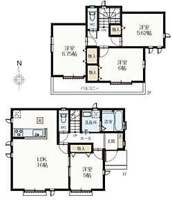 １F　LDK１６帖　洋室６帖
２F　洋室５．６２帖、６帖、６．７５帖   