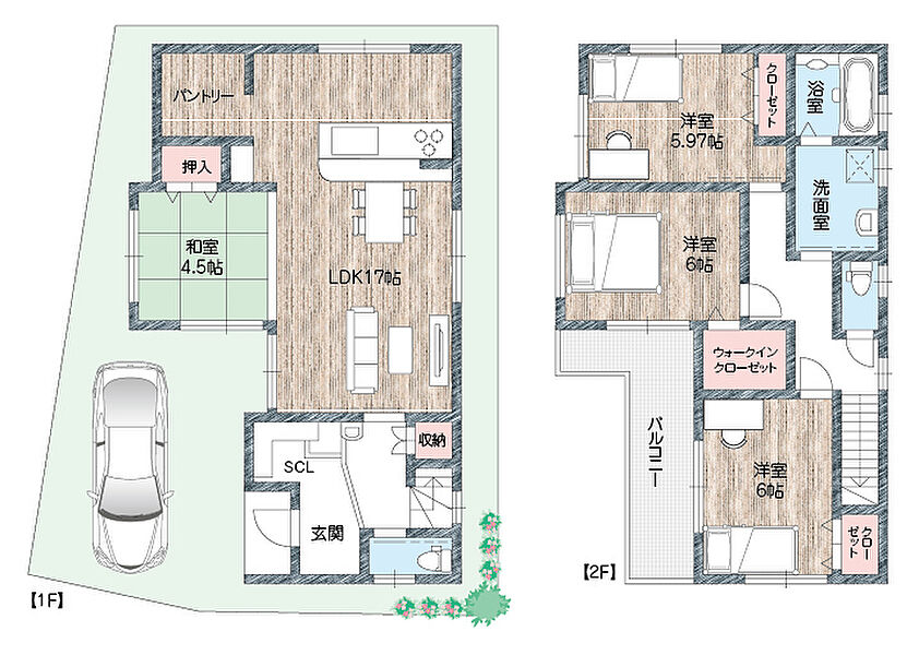 7号地　間取り（4ＬＤＫ＋駐車スペース1台）
玄関の横にはＳＣＬ、キッチン横には大型パントリー、寝室にはＷＣＬと収納の充実したプラン。