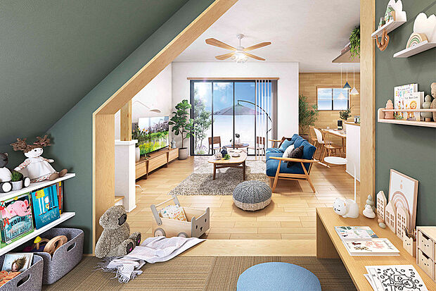 【リーディングヌック】
階段下スペースを利用した秘密基地のようなリーディングヌック。遊び場やペット用のスペース、家族の思い出置き場などとして活用できます。※号棟により採用状況が異なります。