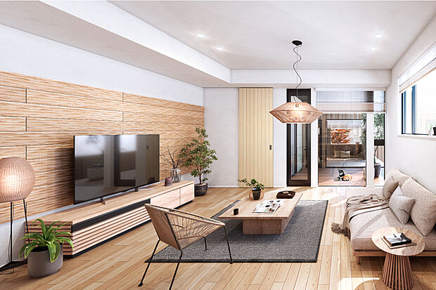 【和の趣が凝縮するHANAREのある家】
木目調の素材が憩いを演出するLDK。その向こうには、外と繋がるNAKANIWAと和の趣が凝縮したHANAREが広がります。※号棟により採用状況が異なります。