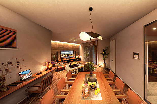 【吟味された素材感や意匠が住まう時を彩るインテリア】
空間の随所に石や木の上品な素材感が映えるアクセントを邸別に設置。間接照明やガラス戸のリビングドアなど、細部まで洗練されたデザインにこだわりました。