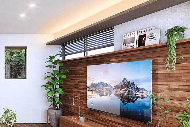 【【間接照明・壁掛けTV】】洗練されたLDKを柔らかな光によってラグジュアリーに引き立てる間接照明。TVを壁掛けにすることで空間にスマートさを演出しています。※号棟により間接照明の位置や数が異なります。