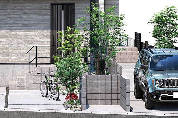 【【自然を感じられる植栽】】街に自然の息吹を呼び込んでくれる植栽を配しました。シマトネリコなど、美しい緑の植栽が住まう人を癒します。※建物周囲の砂利部には防草シートを採用。
