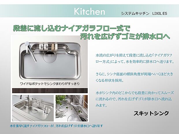 【システムキッチン】システムキッチン：水がシンク内のどこからでも段差に向かってスムーズに流れ、汚れを広げずいつも清潔なスキットシンクです。