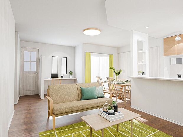 【LDK完成予想図・施工例】
窓から明るい陽光がこぼれるLDKは約18.54帖。造り付けのカウンターを配し、リビング学習やPCスペースとして、ご家族みなさまが様々な用途に活用できます。